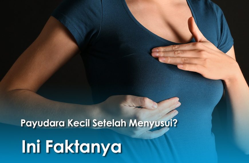 Seorang wanita menyentuh area payudaranya sambil mengenakan kaus biru, dengan teks “Payudara Kecil Setelah Menyusui? Ini Faktanya” di bagian bawah gambar.