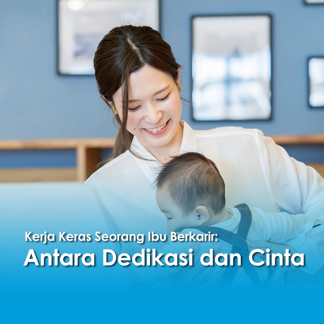Seorang ibu berkarir tersenyum sambil menggendong bayinya di tempat kerja, mencerminkan kerja keras seorang ibu berkarir antara dedikasi dan cinta.
