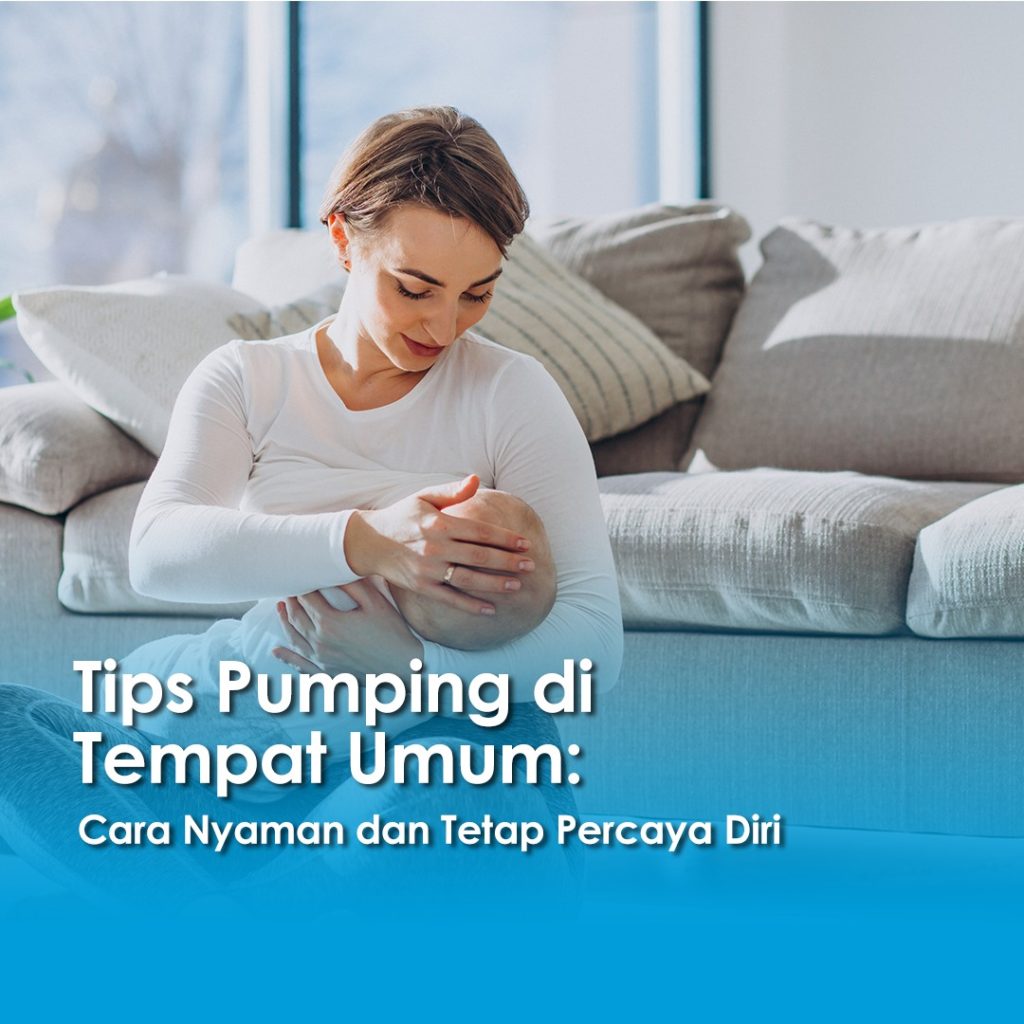 Seorang ibu duduk di sofa sambil menyusui bayinya, menggambarkan tips pumping di tempat umum agar tetap nyaman dan percaya diri.