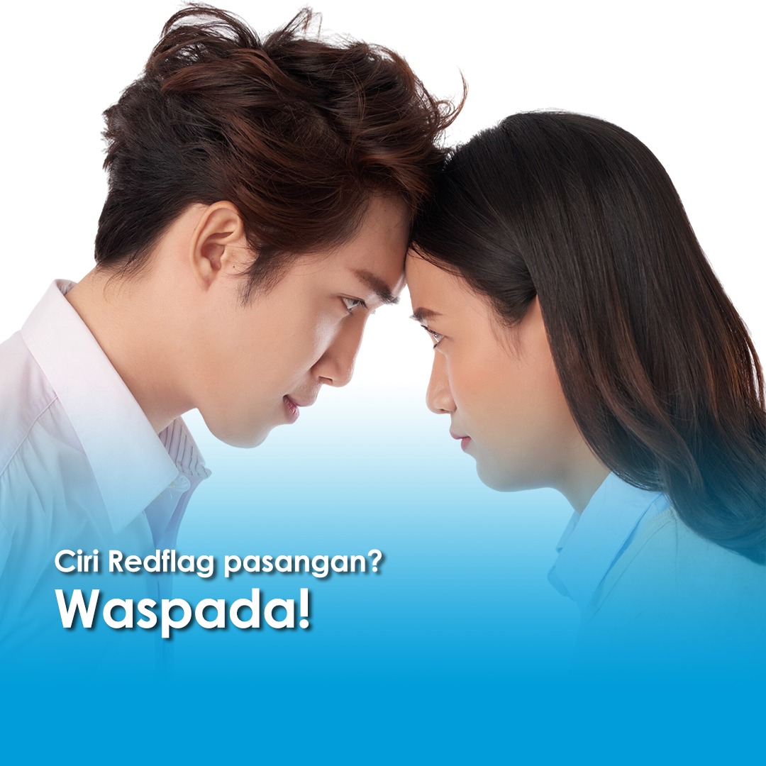 Ilustrasi pria dan wanita saling menatap dengan dahi saling menempel, menggambarkan konflik hubungan dan ciri pasangan red flag, dengan teks “Ciri Redflag pasangan? Waspada!”